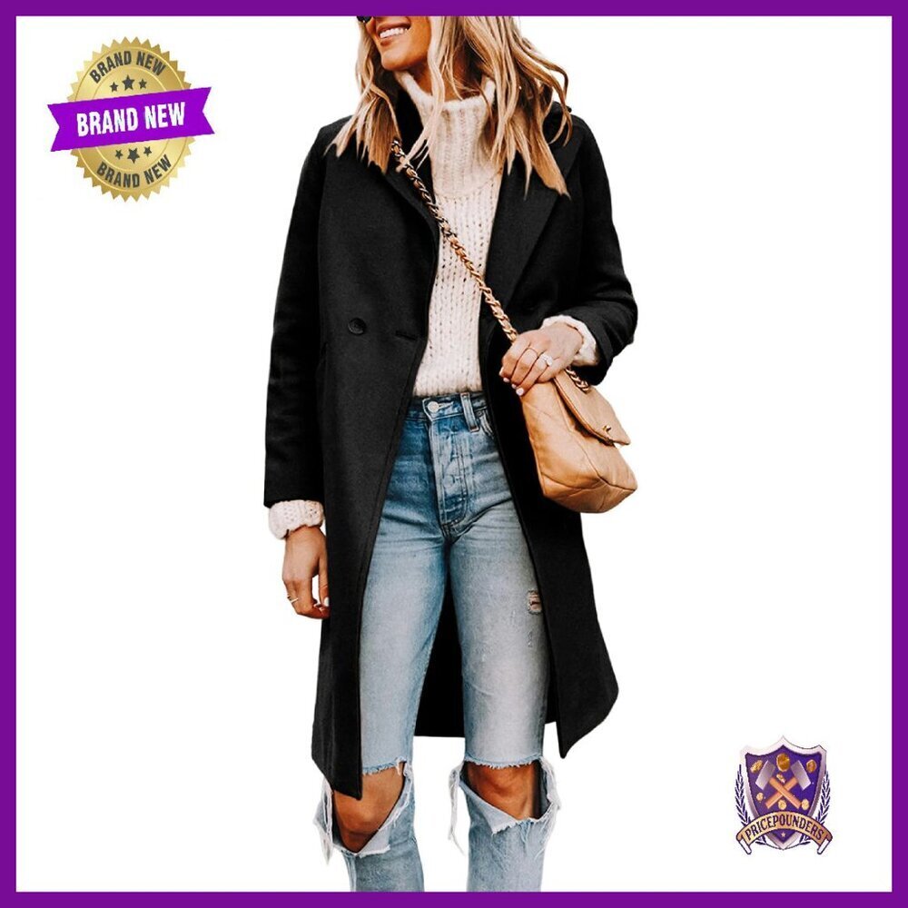 Wool Blend Double Breasted Pea Coat, Notch Lapel, Knee Length